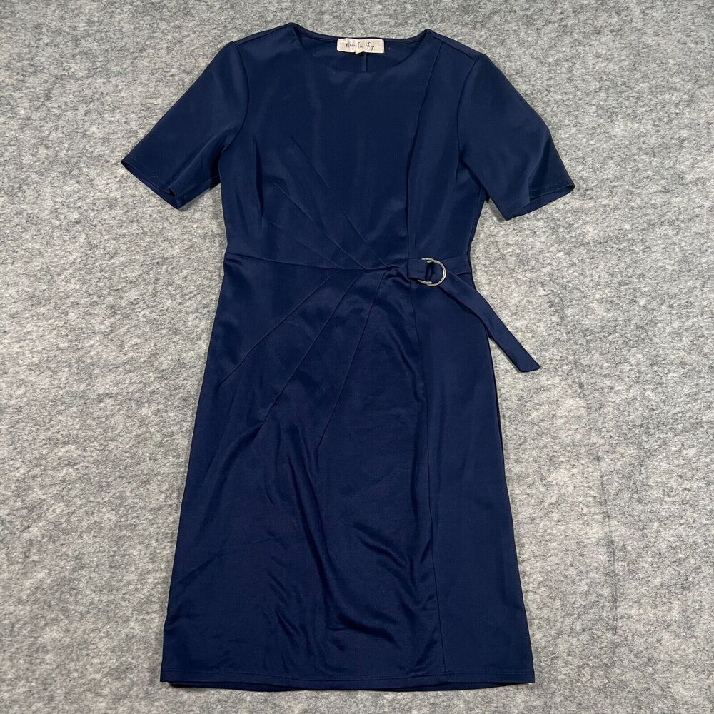 Magnolia Skye Women's Dress Size Medium Blue Buckle Belt Short Sleeves